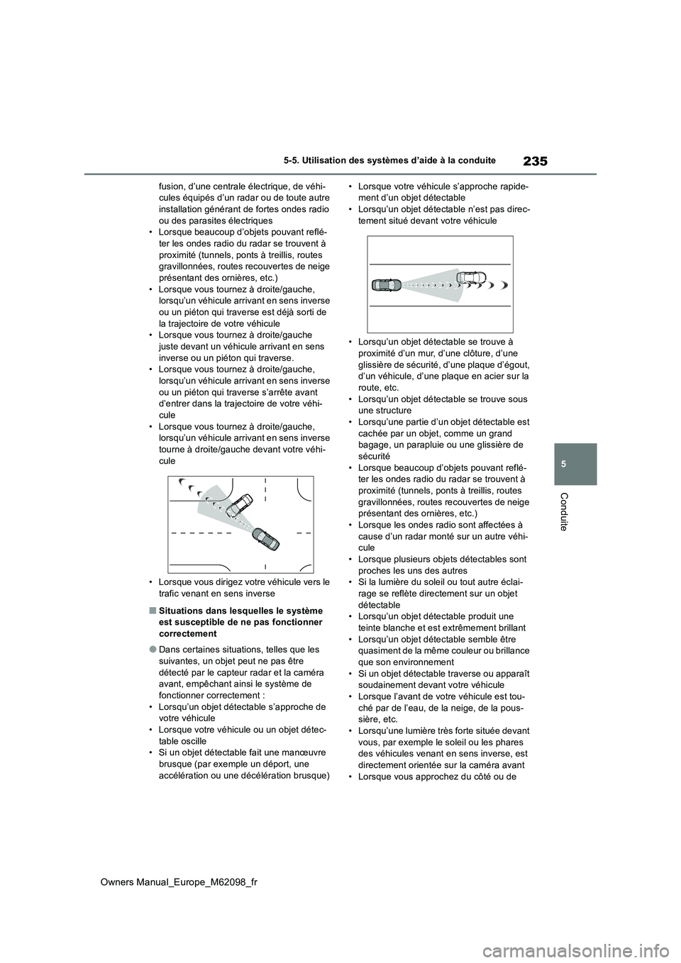 TOYOTA MIRAI 2021  Manuel du propriétaire (in French) 235
5
Owners Manual_Europe_M62098_fr
5-5. Utilisation des systèmes d’aide à la conduite
Conduite
fusion, d’une centrale électrique, de véhi- cules équipés d’un radar ou de toute autre inst