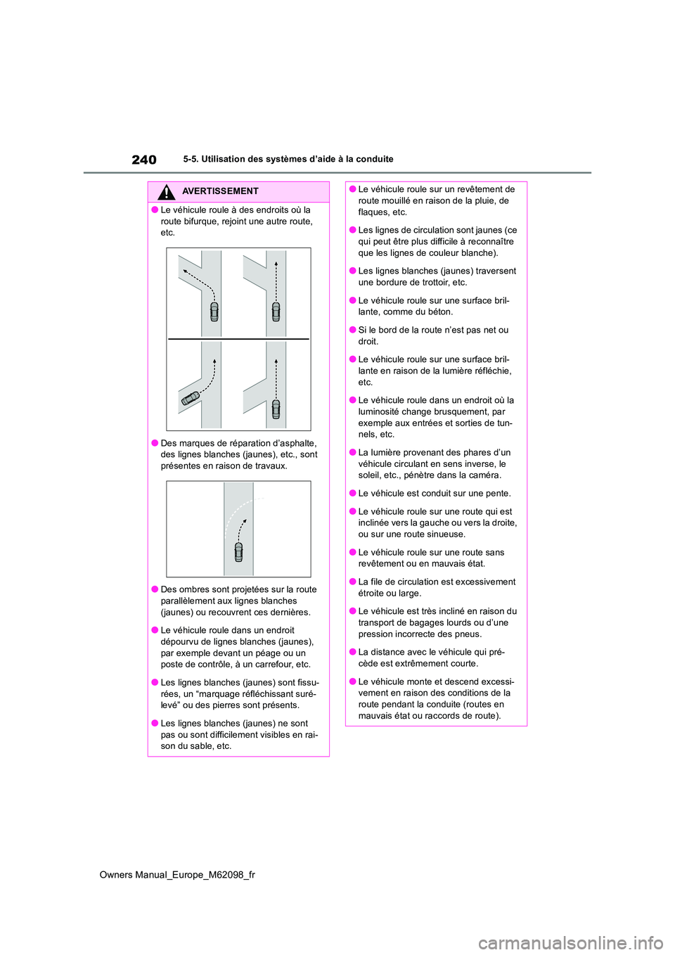TOYOTA MIRAI 2021  Manuel du propriétaire (in French) 240
Owners Manual_Europe_M62098_fr
5-5. Utilisation des systèmes d’aide à la conduite
AVERTISSEMENT
●Le véhicule roule à des endroits où la  
route bifurque, rejoint une autre route,  etc.
