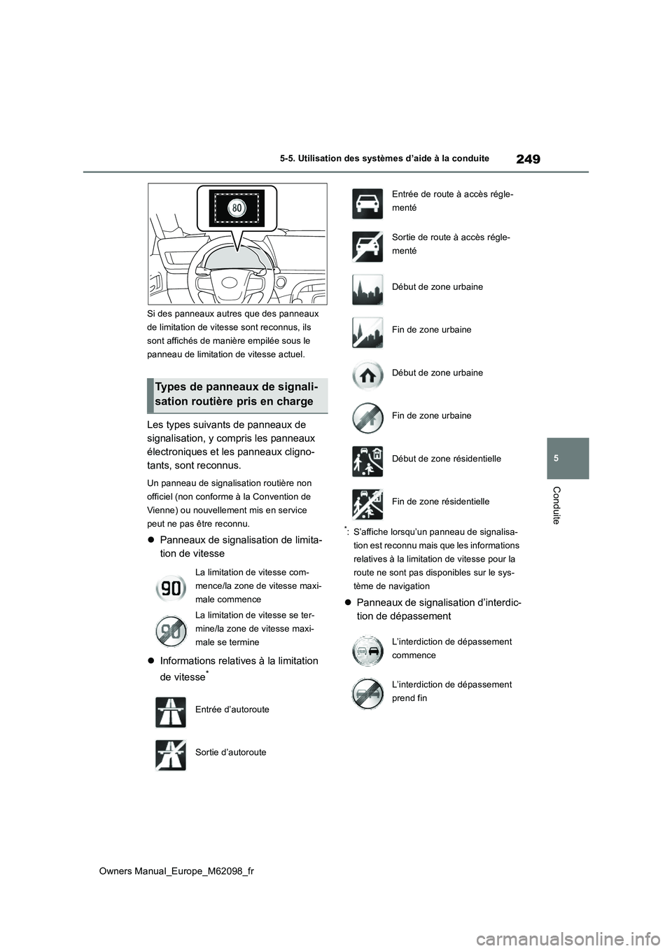 TOYOTA MIRAI 2021  Manuel du propriétaire (in French) 249
5
Owners Manual_Europe_M62098_fr
5-5. Utilisation des systèmes d’aide à la conduite
Conduite
Si des panneaux autres que des panneaux  
de limitation de vitesse sont reconnus, ils 
sont affich