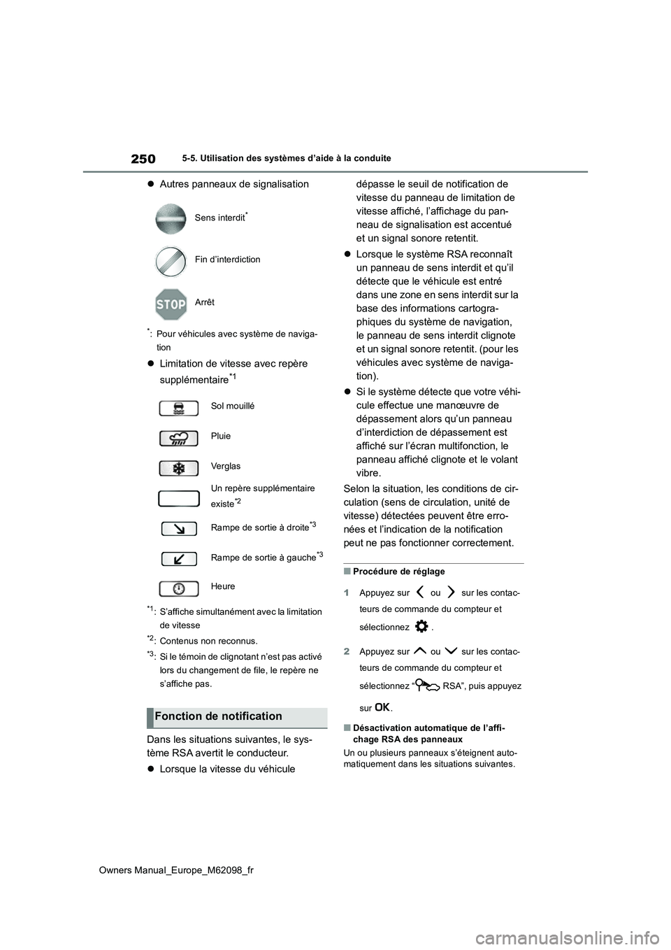 TOYOTA MIRAI 2021  Manuel du propriétaire (in French) 250
Owners Manual_Europe_M62098_fr
5-5. Utilisation des systèmes d’aide à la conduite
Autres panneaux de signalisation
*: Pour véhicules avec système de naviga- 
tion
 Limitation de vitess