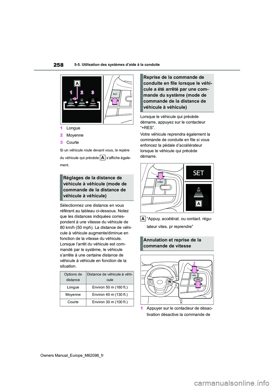 TOYOTA MIRAI 2021  Manuel du propriétaire (in French) 258
Owners Manual_Europe_M62098_fr
5-5. Utilisation des systèmes d’aide à la conduite
1Longue 
2 Moyenne 
3 Courte
Si un véhicule roule devant vous, le repère  
du véhicule qui précède   s’