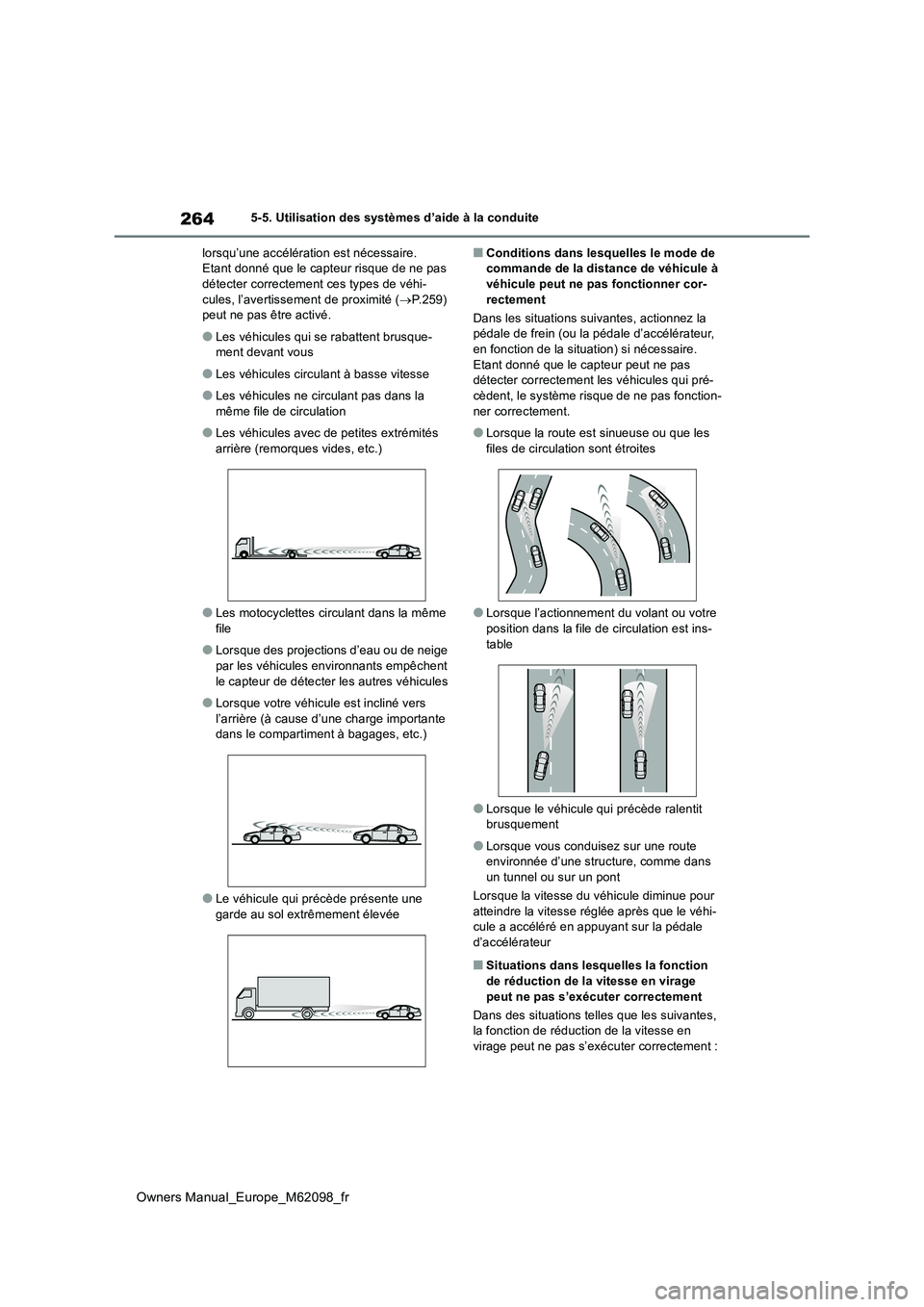 TOYOTA MIRAI 2021  Manuel du propriétaire (in French) 264
Owners Manual_Europe_M62098_fr
5-5. Utilisation des systèmes d’aide à la conduite 
lorsqu’une accélération est nécessaire. Etant donné que le capteur risque de ne pas détecter correctem