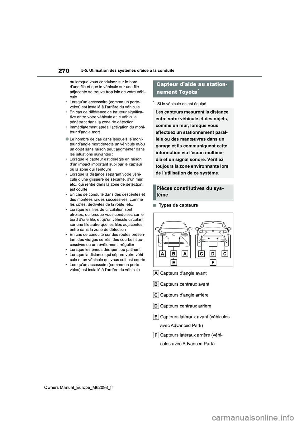 TOYOTA MIRAI 2021  Manuel du propriétaire (in French) 270
Owners Manual_Europe_M62098_fr
5-5. Utilisation des systèmes d’aide à la conduite 
ou lorsque vous conduisez sur le bord  d’une file et que le véhicule sur une file adjacente se trouve trop