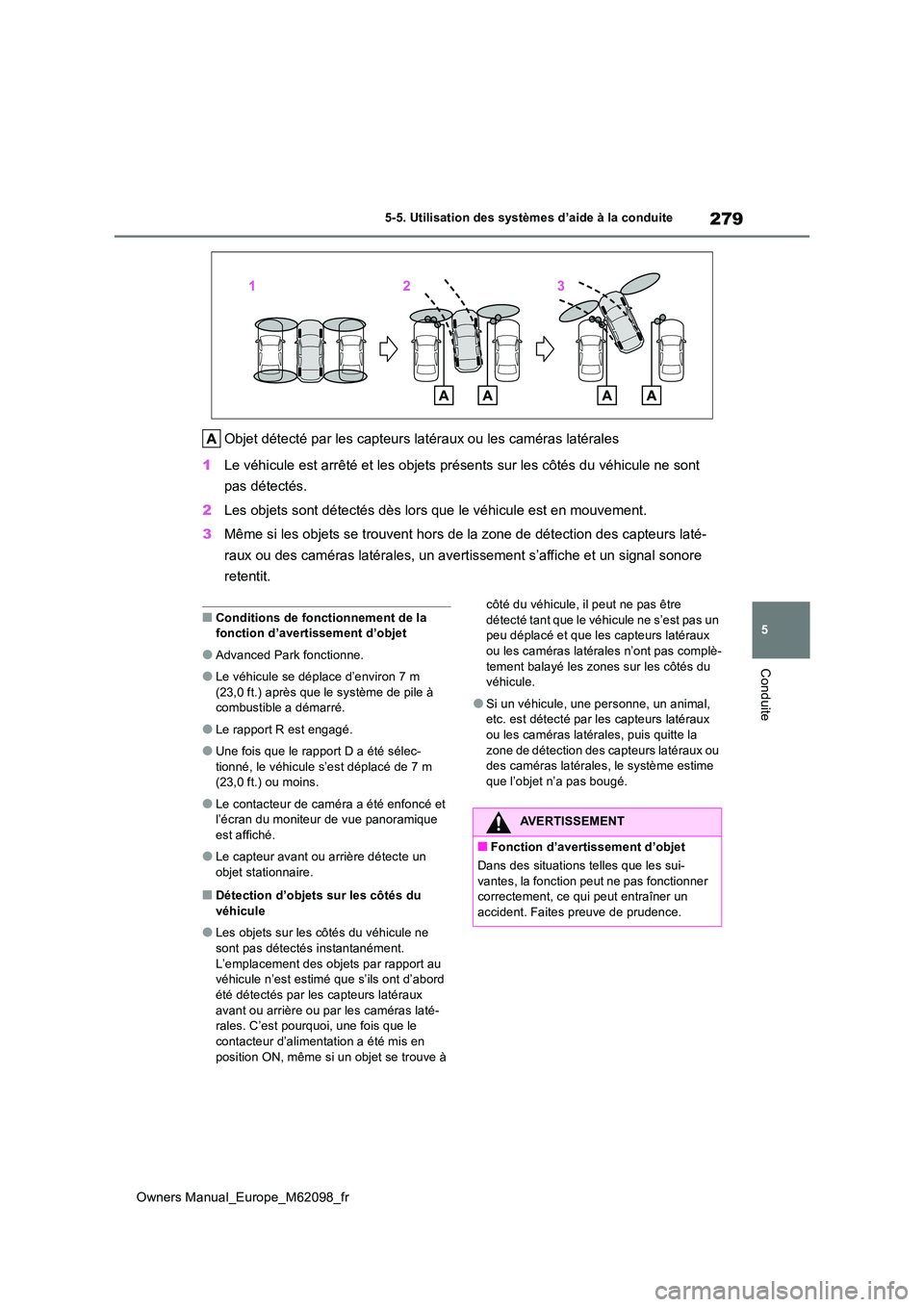 TOYOTA MIRAI 2021  Manuel du propriétaire (in French) 279
5
Owners Manual_Europe_M62098_fr
5-5. Utilisation des systèmes d’aide à la conduite
Conduite
Objet détecté par les capteurs latéraux ou les caméras latérales 
1 Le véhicule est arrêté 