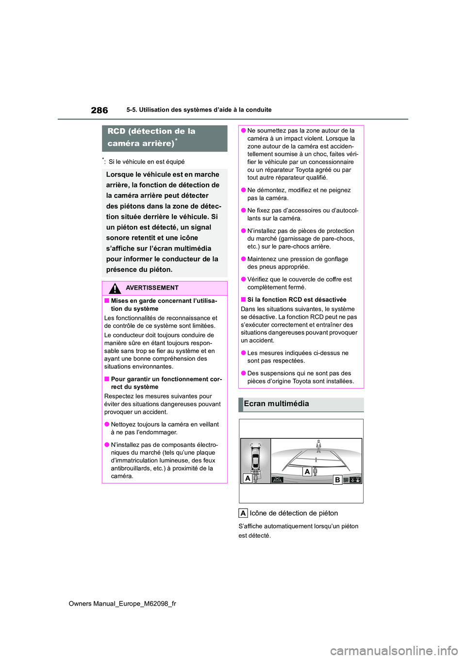 TOYOTA MIRAI 2021  Manuel du propriétaire (in French) 286
Owners Manual_Europe_M62098_fr
5-5. Utilisation des systèmes d’aide à la conduite
*: Si le véhicule en est équipé
Icône de détection de piéton
S’affiche automatiquement lorsqu’un pi