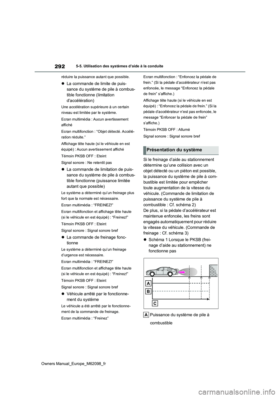 TOYOTA MIRAI 2021  Manuel du propriétaire (in French) 292
Owners Manual_Europe_M62098_fr
5-5. Utilisation des systèmes d’aide à la conduite 
réduire la puissance autant que possible.
 La commande de limite de puis- 
sance du système de pile à c