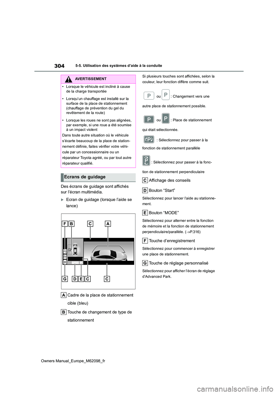 TOYOTA MIRAI 2021  Manuel du propriétaire (in French) 304
Owners Manual_Europe_M62098_fr
5-5. Utilisation des systèmes d’aide à la conduite
Des écrans de guidage sont affichés  
sur l’écran multimédia.
Ecran de guidage (lorsque l’aide se  