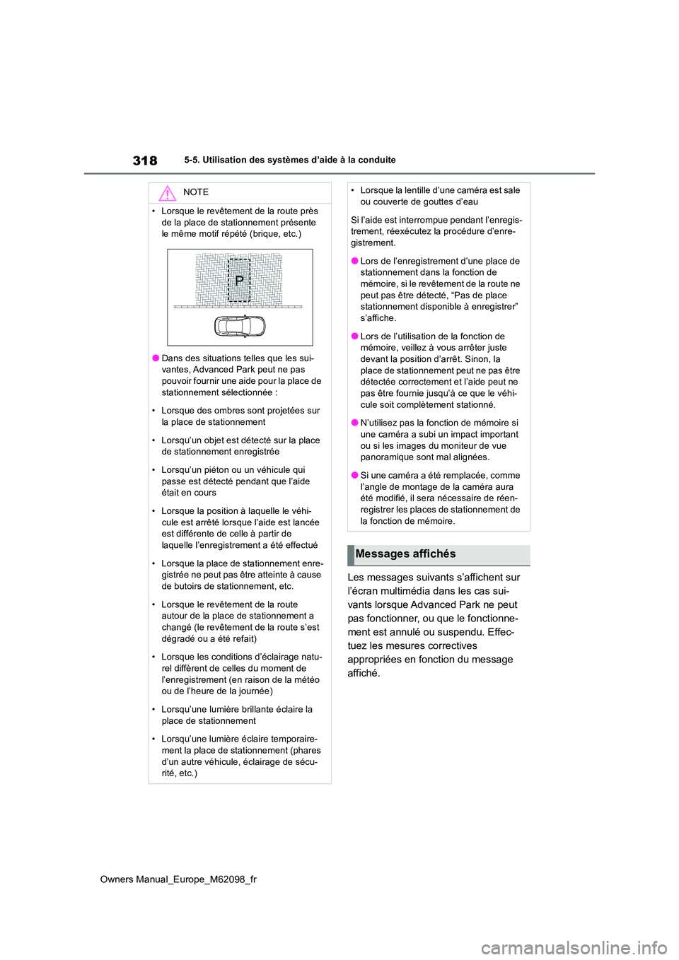 TOYOTA MIRAI 2021  Manuel du propriétaire (in French) 318
Owners Manual_Europe_M62098_fr
5-5. Utilisation des systèmes d’aide à la conduite
Les messages suivants s’affichent sur  
l’écran multimédia dans les cas sui-
vants lorsque Advanced Park