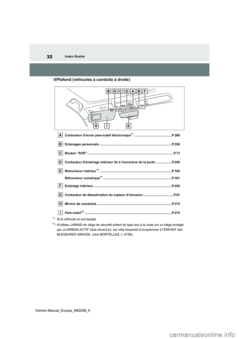 TOYOTA MIRAI 2021 Manuel du propriétaire (in French) 32
Owners Manual_Europe_M62098_fr
Index illustré
■Plafond (véhicules à conduite à droite)
Contacteur d’écran pare-soleil électronique*1..........................................P.366
Eclair TOYOTA MIRAI 2021 Manuel du propriétaire (in French) 32
Owners Manual_Europe_M62098_fr
Index illustré
■Plafond (véhicules à conduite à droite)
Contacteur d’écran pare-soleil électronique*1..........................................P.366
Eclair