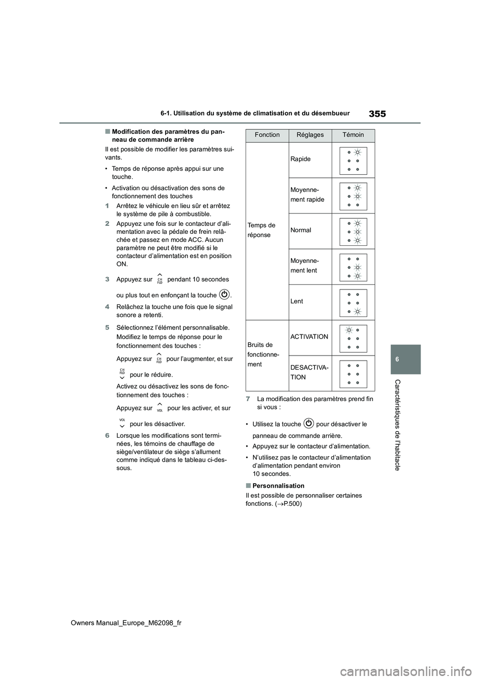 TOYOTA MIRAI 2021 Manuel du propriétaire (in French) 355
6
Owners Manual_Europe_M62098_fr
6-1. Utilisation du système de climatisation et du désembueur
Caractéristiques de l’habitacle
■Modification des paramètres du pan- neau de commande arrièr TOYOTA MIRAI 2021 Manuel du propriétaire (in French) 355
6
Owners Manual_Europe_M62098_fr
6-1. Utilisation du système de climatisation et du désembueur
Caractéristiques de l’habitacle
■Modification des paramètres du pan- neau de commande arrièr