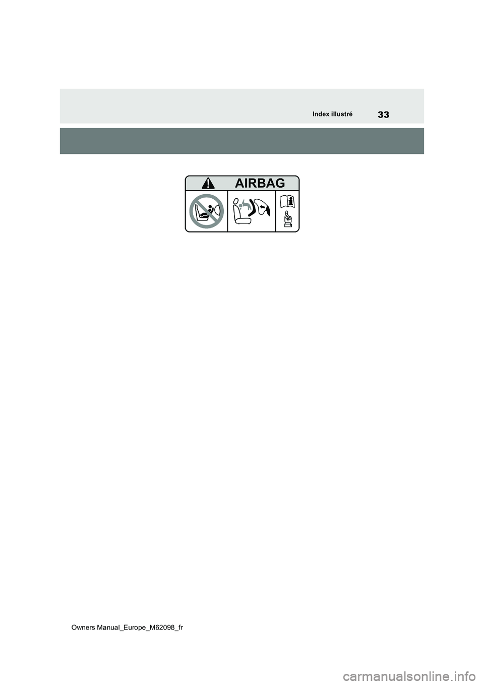 TOYOTA MIRAI 2021 Manuel du propriétaire (in French) 33
Owners Manual_Europe_M62098_fr
Index illustré TOYOTA MIRAI 2021 Manuel du propriétaire (in French) 33
Owners Manual_Europe_M62098_fr
Index illustré