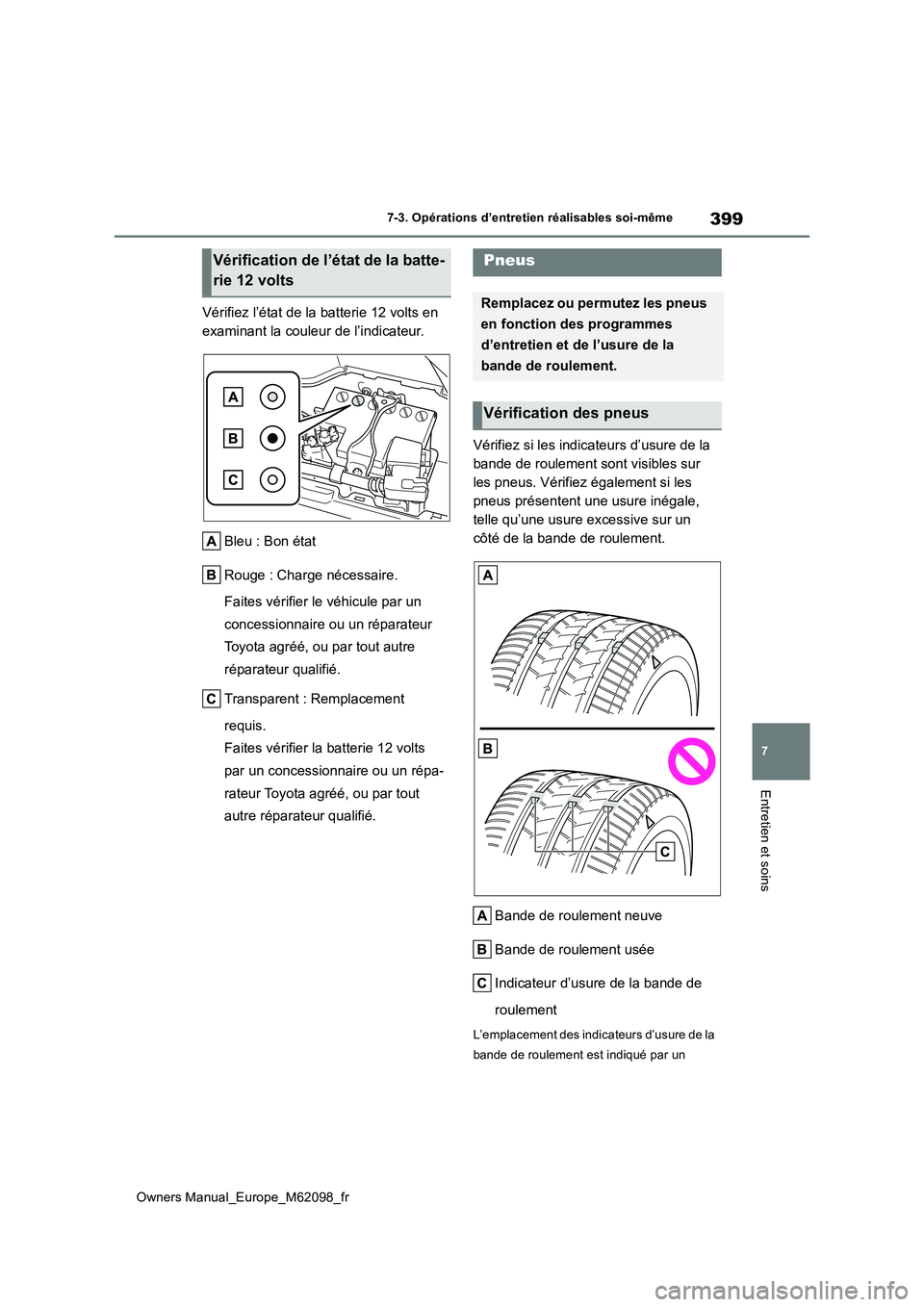 TOYOTA MIRAI 2021 Manuel du propriétaire (in French) 399
7
Owners Manual_Europe_M62098_fr
7-3. Opérations d’entretien réalisables soi-même
Entretien et soins
Vérifiez l’état de la batterie 12 volts en
examinant la couleur de l’indicateur.
TOYOTA MIRAI 2021 Manuel du propriétaire (in French) 399
7
Owners Manual_Europe_M62098_fr
7-3. Opérations d’entretien réalisables soi-même
Entretien et soins
Vérifiez l’état de la batterie 12 volts en
examinant la couleur de l’indicateur.