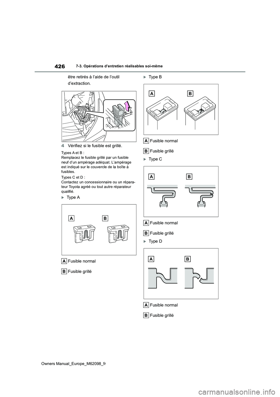 TOYOTA MIRAI 2021 Manuel du propriétaire (in French) 426
Owners Manual_Europe_M62098_fr
7-3. Opérations d’entretien réalisables soi-même
être retirés à l’aide de l’outil
d’extraction.
4 Vérifiez si le fusible est grillé.
Types A et B TOYOTA MIRAI 2021 Manuel du propriétaire (in French) 426
Owners Manual_Europe_M62098_fr
7-3. Opérations d’entretien réalisables soi-même
être retirés à l’aide de l’outil
d’extraction.
4 Vérifiez si le fusible est grillé.
Types A et B
