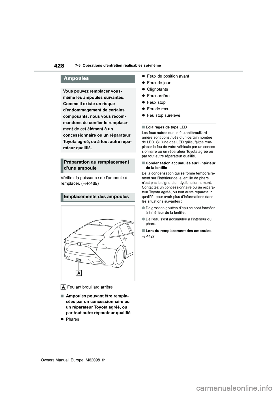 TOYOTA MIRAI 2021 Manuel du propriétaire (in French) 428
Owners Manual_Europe_M62098_fr
7-3. Opérations d’entretien réalisables soi-même
Vérifiez la puissance de l’ampoule à
remplacer. ( P.489)
Feu antibrouillard arrière
■Ampoules pouv TOYOTA MIRAI 2021 Manuel du propriétaire (in French) 428
Owners Manual_Europe_M62098_fr
7-3. Opérations d’entretien réalisables soi-même
Vérifiez la puissance de l’ampoule à
remplacer. ( P.489)
Feu antibrouillard arrière
■Ampoules pouv