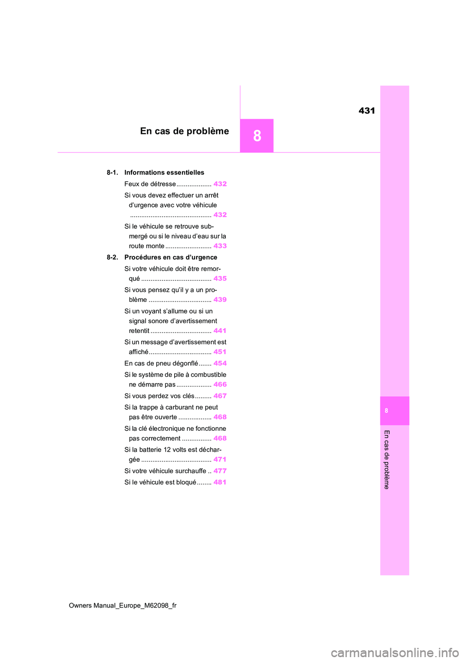 TOYOTA MIRAI 2021 Manuel du propriétaire (in French) 8
431
Owners Manual_Europe_M62098_fr
8
En cas de problème
En cas de problème
8-1. Informations essentielles
Feux de détresse ................... 432
Si vous devez effectuer un arrêt
d’urgenc TOYOTA MIRAI 2021 Manuel du propriétaire (in French) 8
431
Owners Manual_Europe_M62098_fr
8
En cas de problème
En cas de problème
8-1. Informations essentielles
Feux de détresse ................... 432
Si vous devez effectuer un arrêt
d’urgenc