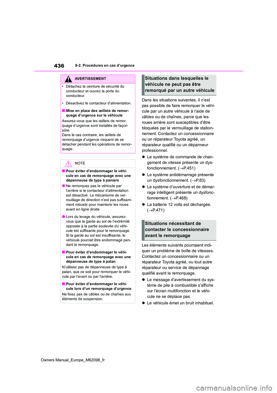 TOYOTA MIRAI 2021 Manuel du propriétaire (in French) 436
Owners Manual_Europe_M62098_fr
8-2. Procédures en cas d’urgence
Dans les situations suivantes, il n’est
pas possible de faire remorquer le véhi-
cule par un autre véhicule à l’aide de TOYOTA MIRAI 2021 Manuel du propriétaire (in French) 436
Owners Manual_Europe_M62098_fr
8-2. Procédures en cas d’urgence
Dans les situations suivantes, il n’est
pas possible de faire remorquer le véhi-
cule par un autre véhicule à l’aide de