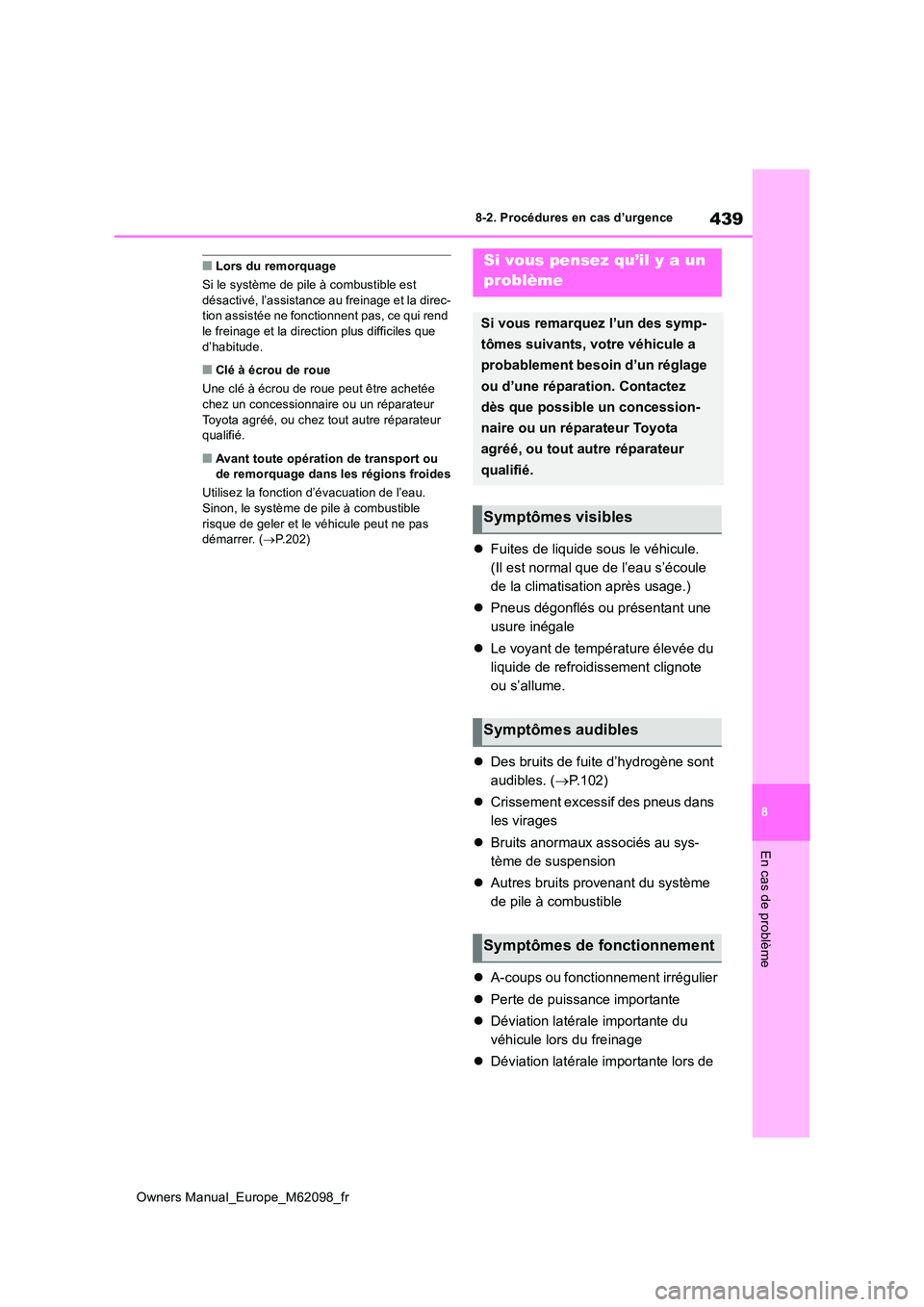 TOYOTA MIRAI 2021 Manuel du propriétaire (in French) 439
8
Owners Manual_Europe_M62098_fr
8-2. Procédures en cas d’urgence
En cas de problème
■Lors du remorquage
Si le système de pile à combustible est désactivé, l’assistance au freinage e TOYOTA MIRAI 2021 Manuel du propriétaire (in French) 439
8
Owners Manual_Europe_M62098_fr
8-2. Procédures en cas d’urgence
En cas de problème
■Lors du remorquage
Si le système de pile à combustible est désactivé, l’assistance au freinage e