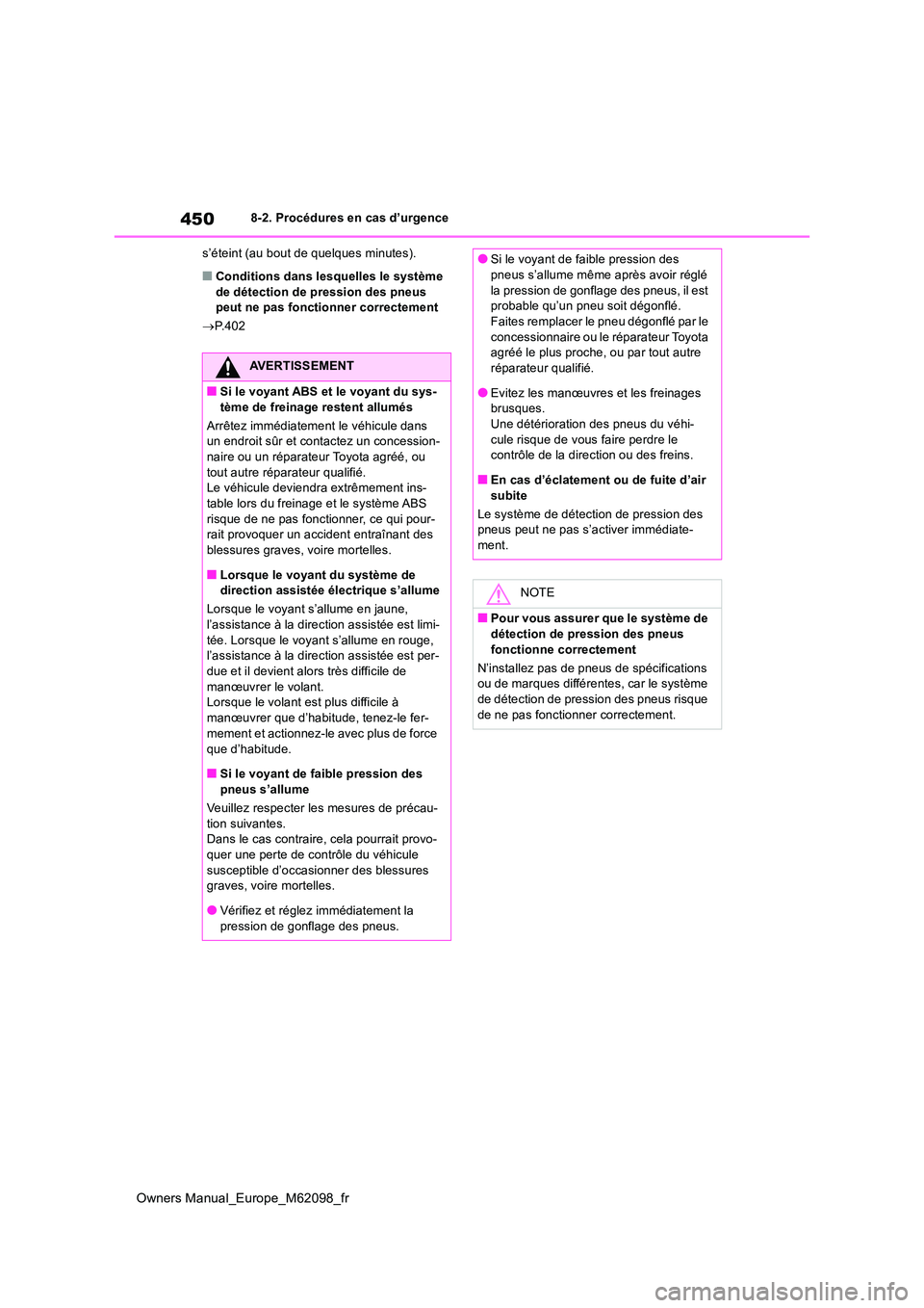 TOYOTA MIRAI 2021 Manuel du propriétaire (in French) 450
Owners Manual_Europe_M62098_fr
8-2. Procédures en cas d’urgence
s’éteint (au bout de quelques minutes).
■Conditions dans lesquelles le système de détection de pression des pneus peut n TOYOTA MIRAI 2021 Manuel du propriétaire (in French) 450
Owners Manual_Europe_M62098_fr
8-2. Procédures en cas d’urgence
s’éteint (au bout de quelques minutes).
■Conditions dans lesquelles le système de détection de pression des pneus peut n