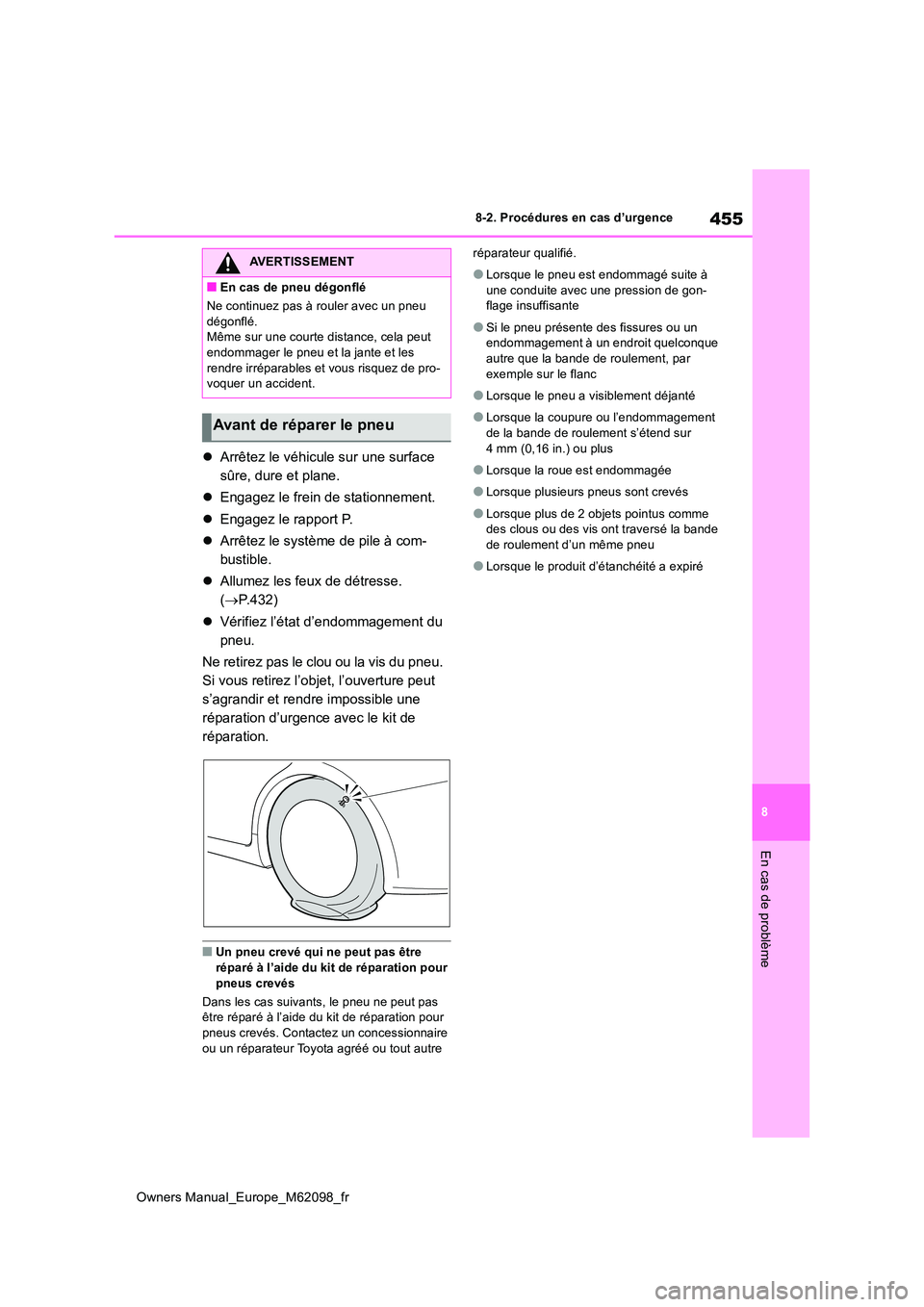 TOYOTA MIRAI 2021 Manuel du propriétaire (in French) 455
8
Owners Manual_Europe_M62098_fr
8-2. Procédures en cas d’urgence
En cas de problème
Arrêtez le véhicule sur une surface
sûre, dure et plane.
Engagez le frein de stationnement.
TOYOTA MIRAI 2021 Manuel du propriétaire (in French) 455
8
Owners Manual_Europe_M62098_fr
8-2. Procédures en cas d’urgence
En cas de problème
Arrêtez le véhicule sur une surface
sûre, dure et plane.
Engagez le frein de stationnement.