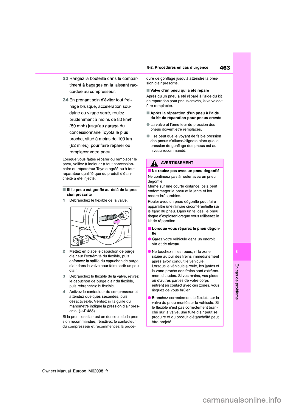 TOYOTA MIRAI 2021  Manuel du propriétaire (in French) 463
8
Owners Manual_Europe_M62098_fr
8-2. Procédures en cas d’urgence
En cas de problème
23Rangez la bouteille dans le compar- 
timent à bagages en la laissant rac- 
cordée au compresseur. 
24 E