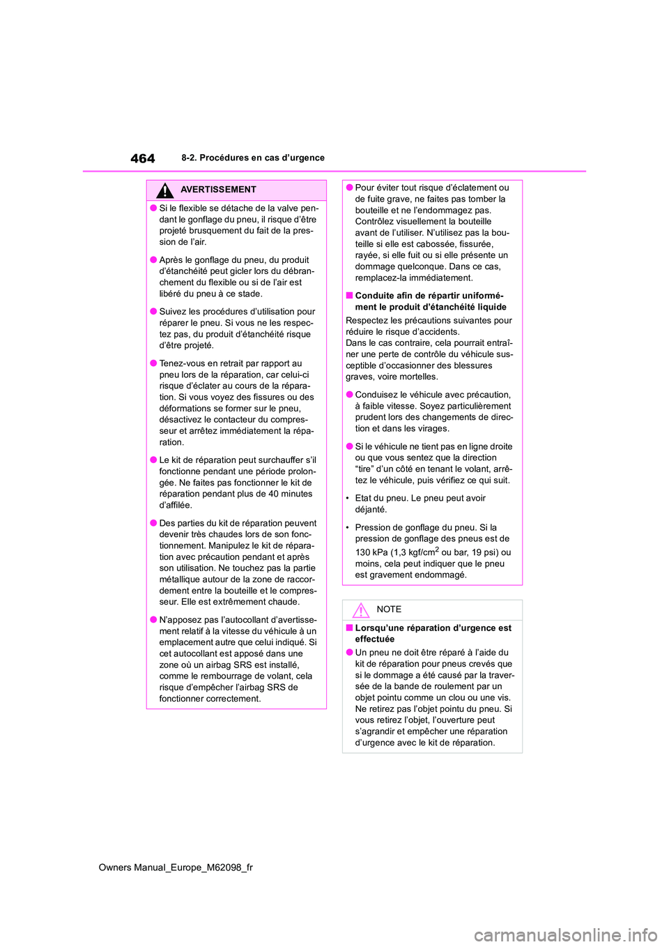 TOYOTA MIRAI 2021  Manuel du propriétaire (in French) 464
Owners Manual_Europe_M62098_fr
8-2. Procédures en cas d’urgence
AVERTISSEMENT
●Si le flexible se détache de la valve pen- 
dant le gonflage du pneu, il risque d’être  projeté brusquement