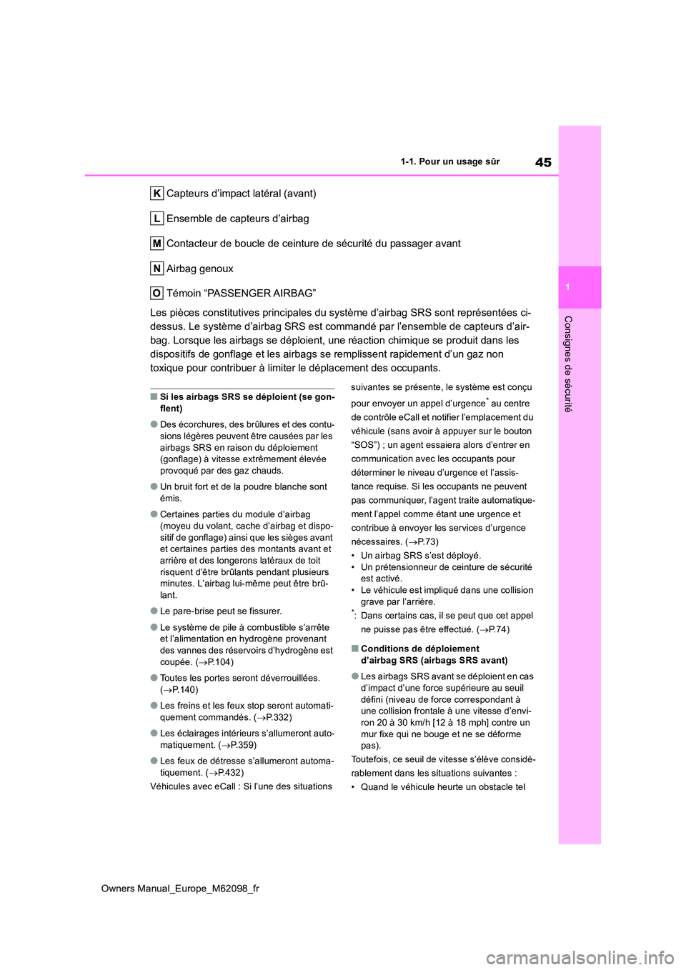 TOYOTA MIRAI 2021  Manuel du propriétaire (in French) 45
1
Owners Manual_Europe_M62098_fr
1-1. Pour un usage sûr
Consignes de sécurité
Capteurs d’impact latéral (avant) 
Ensemble de capteurs d’airbag
Contacteur de boucle de ceinture de sécurité