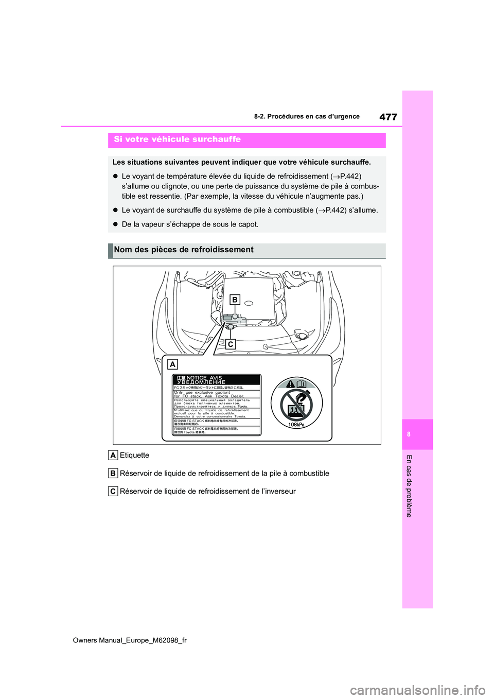 TOYOTA MIRAI 2021  Manuel du propriétaire (in French) 477
8
Owners Manual_Europe_M62098_fr
8-2. Procédures en cas d’urgence
En cas de problèmeEtiquette 
Réservoir de liquide de refroidissement de la pile à combustibl e 
Réservoir de liquide de ref