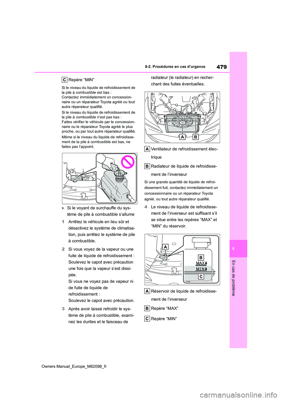 TOYOTA MIRAI 2021  Manuel du propriétaire (in French) 479
8
Owners Manual_Europe_M62098_fr
8-2. Procédures en cas d’urgence
En cas de problème
Repère “MIN”
Si le niveau du liquide de refroidissement de  la pile à combustible est bas :Contactez 
