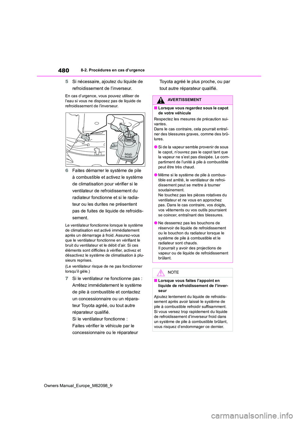 TOYOTA MIRAI 2021  Manuel du propriétaire (in French) 480
Owners Manual_Europe_M62098_fr
8-2. Procédures en cas d’urgence
5Si nécessaire, ajoutez du liquide de  
refroidissement de l’inverseur.
En cas d’urgence, vous pouvez utiliser de  
l’eau 