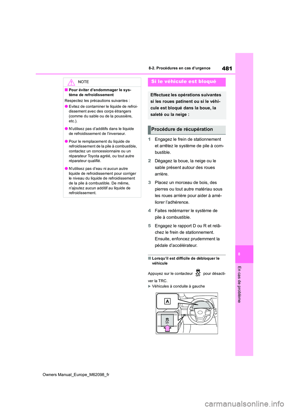 TOYOTA MIRAI 2021  Manuel du propriétaire (in French) 481
8
Owners Manual_Europe_M62098_fr
8-2. Procédures en cas d’urgence
En cas de problème
1Engagez le frein de stationnement  
et arrêtez le système de pile à com- 
bustible. 
2 Dégagez la boue