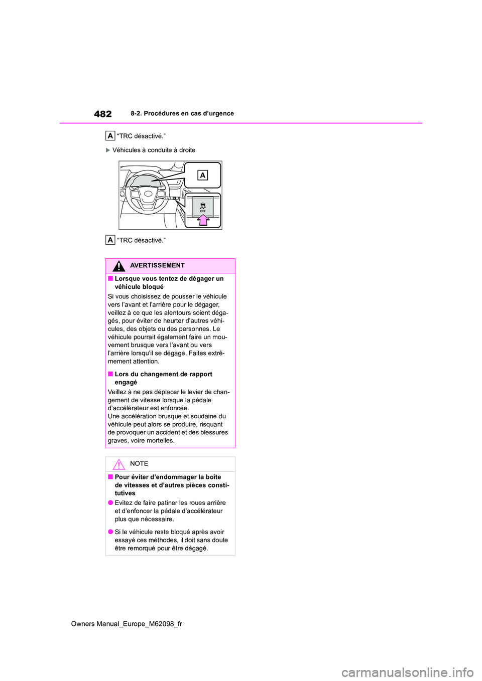 TOYOTA MIRAI 2021  Manuel du propriétaire (in French) 482
Owners Manual_Europe_M62098_fr
8-2. Procédures en cas d’urgence 
“TRC désactivé.”
Véhicules à conduite à droite 
“TRC désactivé.”
AVERTISSEMENT
■Lorsque vous tentez de déga