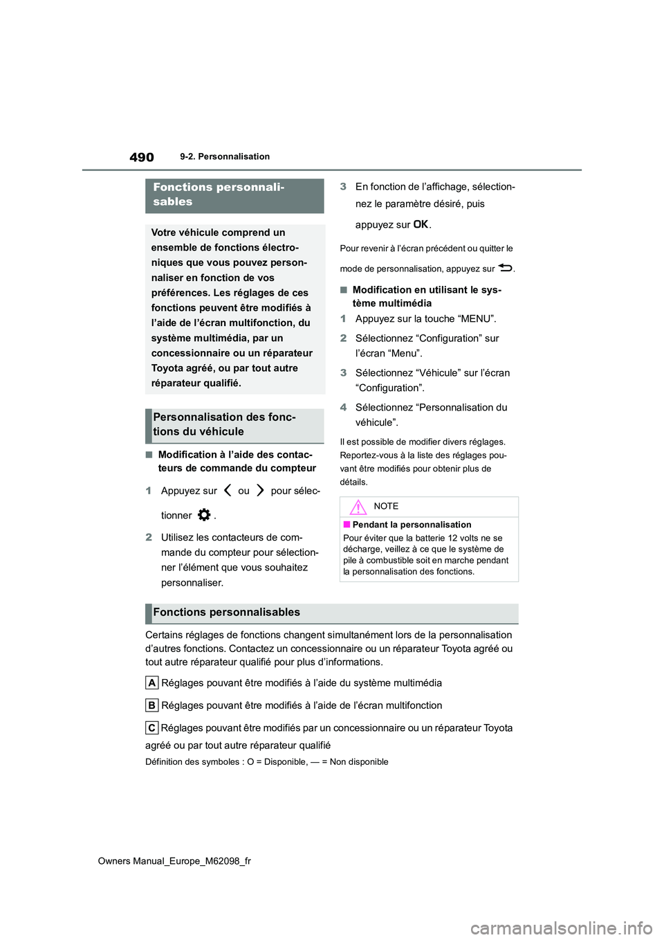 TOYOTA MIRAI 2021 Manuel du propriétaire (in French) 490
Owners Manual_Europe_M62098_fr
9-2. Personnalisation
9-2.Personna lisation
■Modification à l’aide des contac-
teurs de commande du compteur
1 Appuyez sur ou pour sélec-
tionner .
2 TOYOTA MIRAI 2021 Manuel du propriétaire (in French) 490
Owners Manual_Europe_M62098_fr
9-2. Personnalisation
9-2.Personna lisation
■Modification à l’aide des contac-
teurs de commande du compteur
1 Appuyez sur ou pour sélec-
tionner .
2