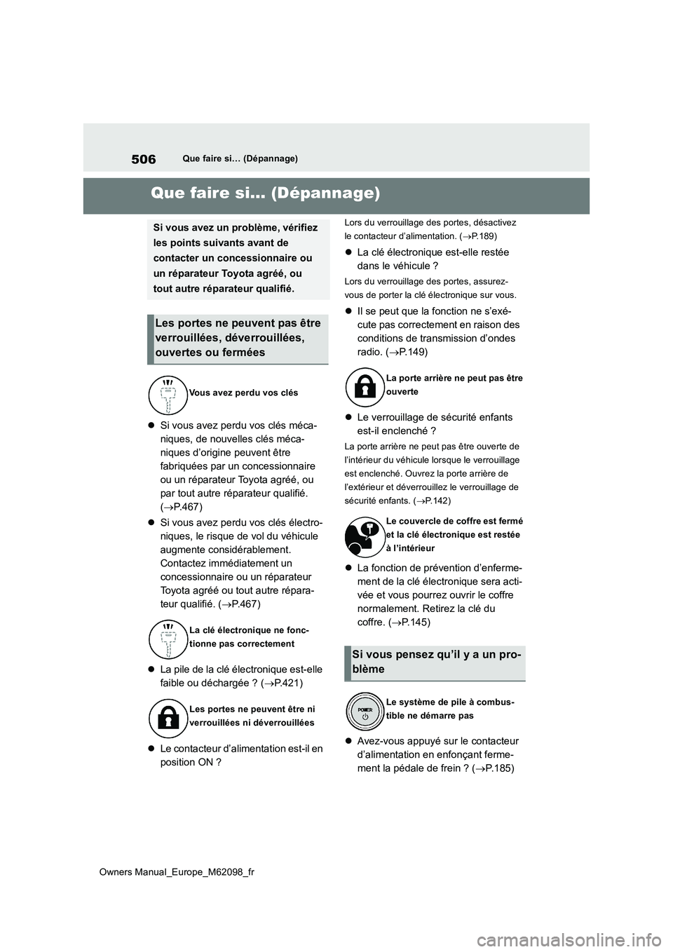 TOYOTA MIRAI 2021  Manuel du propriétaire (in French) 506
Owners Manual_Europe_M62098_fr
Que faire si… (Dépannage)
1-1.Que fa ire si… (Dé panna ge)Que faire si… (Dépannage)
Si vous avez perdu vos clés méca- 
niques, de nouvelles clés méca