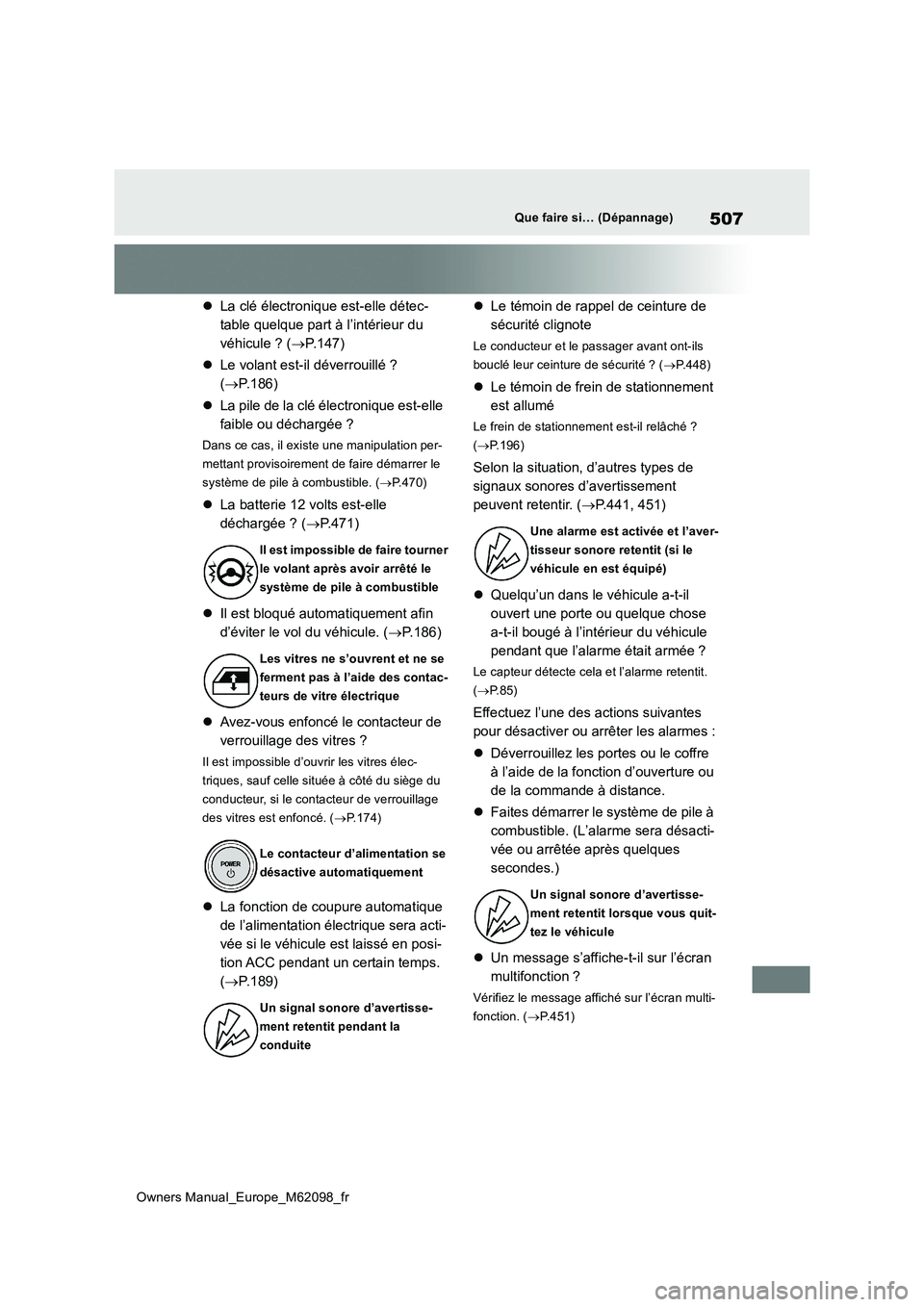 TOYOTA MIRAI 2021  Manuel du propriétaire (in French) 507
Owners Manual_Europe_M62098_fr
Que faire si… (Dépannage)
La clé électronique est-elle détec- 
table quelque part à l’intérieur du 
véhicule ? ( P.147) 
 Le volant est-il déver