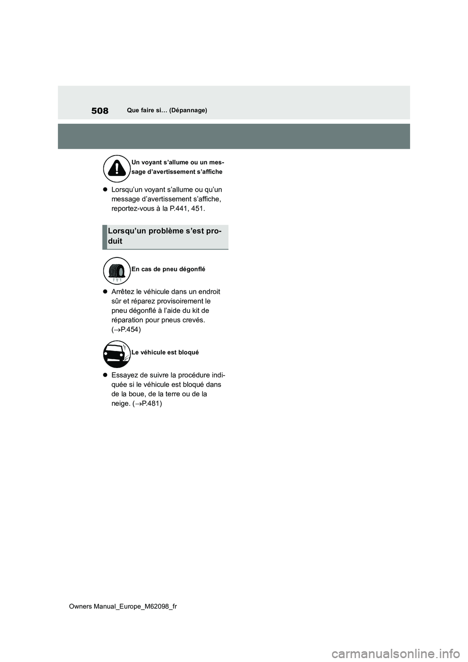 TOYOTA MIRAI 2021  Manuel du propriétaire (in French) 508
Owners Manual_Europe_M62098_fr
Que faire si… (Dépannage)
Lorsqu’un voyant s’allume ou qu’un  
message d’avertissement s’affiche, 
reportez-vous à la P.441, 451. 
 Arrêtez le v