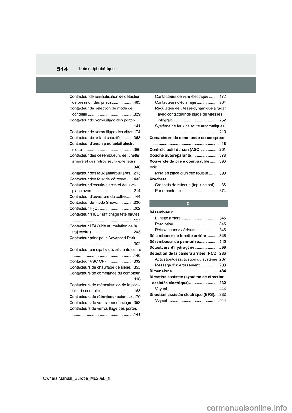 TOYOTA MIRAI 2021  Manuel du propriétaire (in French) 514
Owners Manual_Europe_M62098_fr
Index alphabétique 
Contacteur de réinitialisation de détection  
de pression des pneus.................... 403
Contacteur de sélection de mode de 
conduite ....