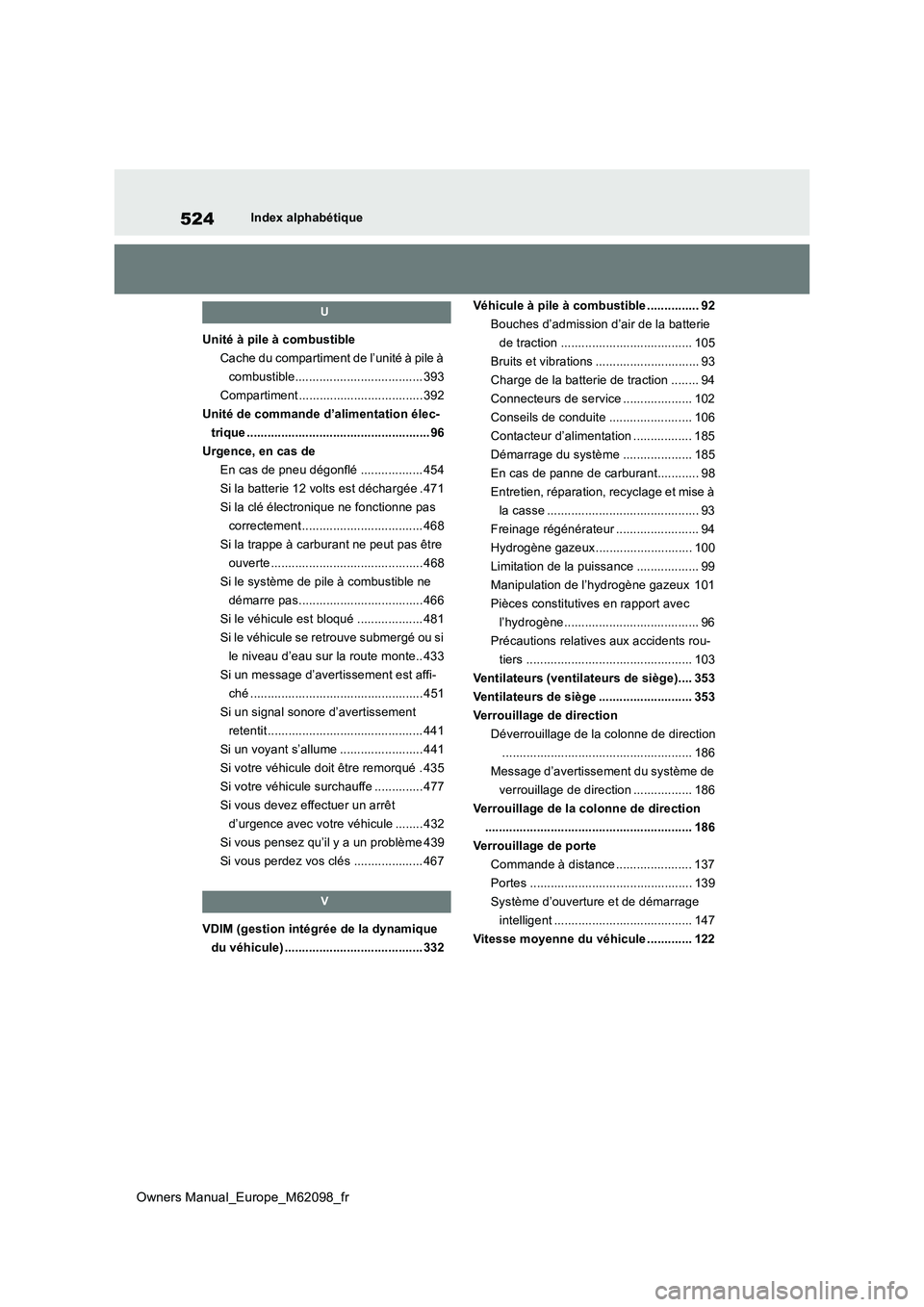 TOYOTA MIRAI 2021  Manuel du propriétaire (in French) 524
Owners Manual_Europe_M62098_fr
Index alphabétique
U
Unité à pile à combustible 
Cache du compartiment de l’unité à pile à 
combustible..................................... 393
Compartimen