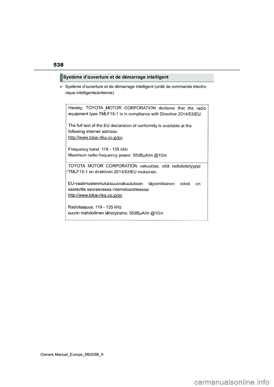 TOYOTA MIRAI 2021 Manuel du propriétaire (in French) 538
Owners Manual_Europe_M62098_fr
Système d’ouverture et de démarrage intelligent (unité de commande électro-
nique intelligente/antenne)
Système d’ouverture et de démarrage intelligen TOYOTA MIRAI 2021 Manuel du propriétaire (in French) 538
Owners Manual_Europe_M62098_fr
Système d’ouverture et de démarrage intelligent (unité de commande électro-
nique intelligente/antenne)
Système d’ouverture et de démarrage intelligen