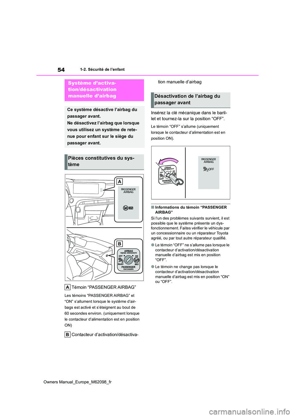 TOYOTA MIRAI 2021 Manuel du propriétaire (in French) 54
Owners Manual_Europe_M62098_fr
1-2. Sécurité de l’enfant
1-2.Sécu rité de l’e nfa nt
Témoin “PASSENGER AIRBAG”
Les témoins “PASSENGER AIRBAG” et
“ON” s’allument lorsque TOYOTA MIRAI 2021 Manuel du propriétaire (in French) 54
Owners Manual_Europe_M62098_fr
1-2. Sécurité de l’enfant
1-2.Sécu rité de l’e nfa nt
Témoin “PASSENGER AIRBAG”
Les témoins “PASSENGER AIRBAG” et
“ON” s’allument lorsque