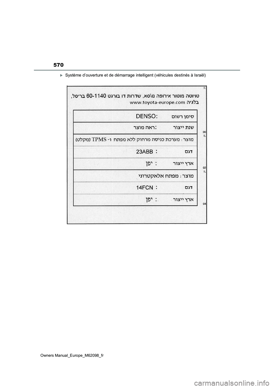 TOYOTA MIRAI 2021  Manuel du propriétaire (in French) 570
Owners Manual_Europe_M62098_fr
Système d’ouverture et de démarrage intelligent (véhicules destinés à Israël) 