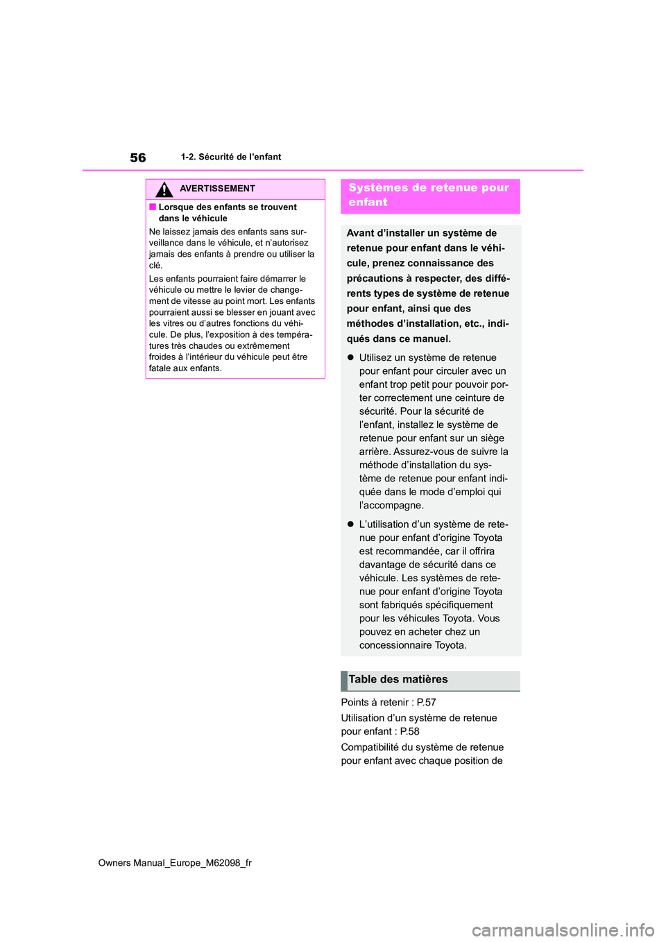 TOYOTA MIRAI 2021 Manuel du propriétaire (in French) 56
Owners Manual_Europe_M62098_fr
1-2. Sécurité de l’enfant
Points à retenir : P.57
Utilisation d’un système de retenue
pour enfant : P.58
Compatibilité du système de retenue
pour enfa TOYOTA MIRAI 2021 Manuel du propriétaire (in French) 56
Owners Manual_Europe_M62098_fr
1-2. Sécurité de l’enfant
Points à retenir : P.57
Utilisation d’un système de retenue
pour enfant : P.58
Compatibilité du système de retenue
pour enfa