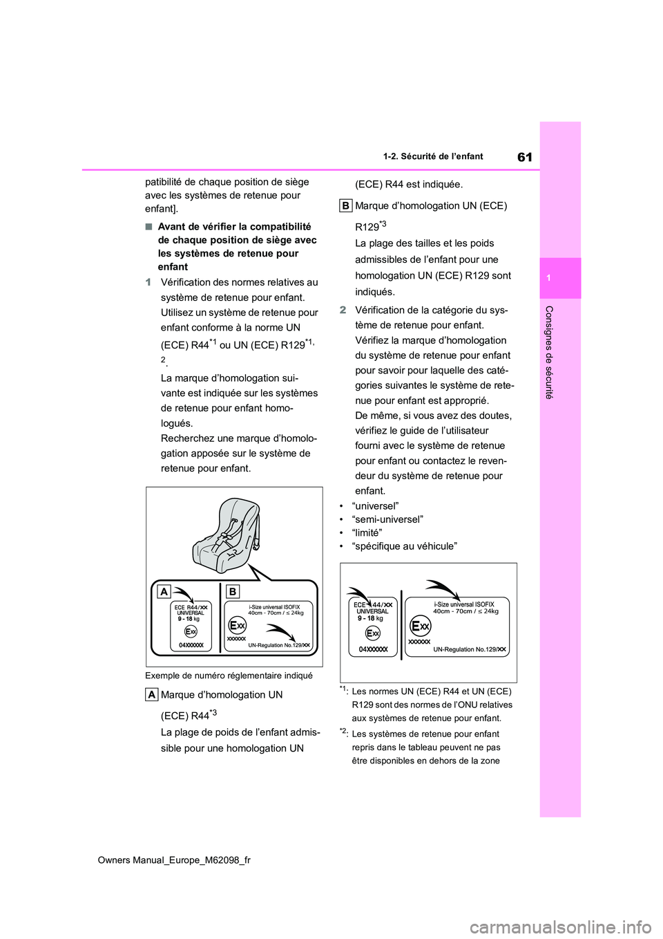 TOYOTA MIRAI 2021  Manuel du propriétaire (in French) 61
1
Owners Manual_Europe_M62098_fr
1-2. Sécurité de l’enfant
Consignes de sécurité
patibilité de chaque position de siège  
avec les systèmes de retenue pour 
enfant].
■Avant de vérifier 