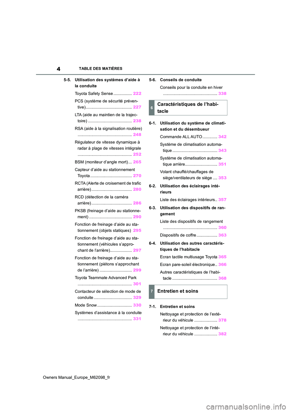 TOYOTA MIRAI 2021  Manuel du propriétaire (in French) 4
Owners Manual_Europe_M62098_fr
TABLE DES MATIÈRES
5-5. Utilisation des systèmes d’aide à  
la conduite 
Toyota Safety Sense ................ 222 
PCS (système de sécurité préven- 
tive)....