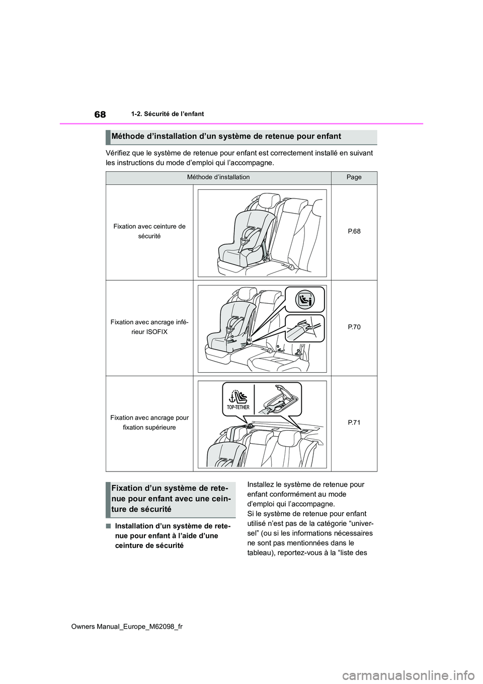 TOYOTA MIRAI 2021 Manuel du propriétaire (in French) 68
Owners Manual_Europe_M62098_fr
1-2. Sécurité de l’enfant
Vérifiez que le système de retenue pour enfant est correctement installé en suivant
les instructions du mode d’emploi qui l’acc TOYOTA MIRAI 2021 Manuel du propriétaire (in French) 68
Owners Manual_Europe_M62098_fr
1-2. Sécurité de l’enfant
Vérifiez que le système de retenue pour enfant est correctement installé en suivant
les instructions du mode d’emploi qui l’acc
