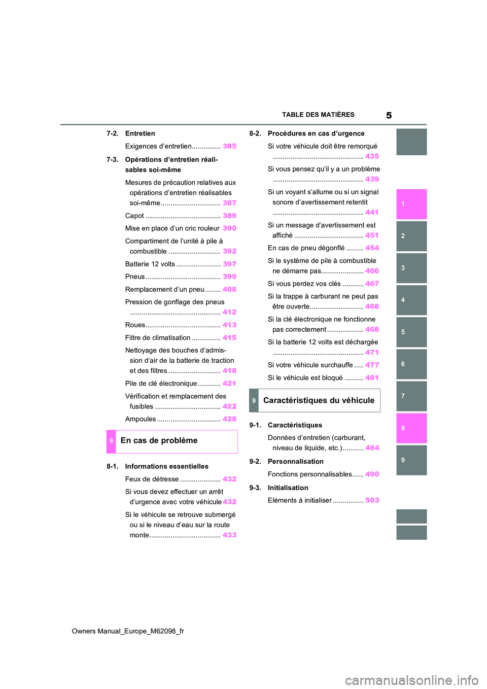 TOYOTA MIRAI 2021 Manuel du propriétaire (in French) 5
Owners Manual_Europe_M62098_fr
TABLE DES MATIÈRES
1
6
5
4
3
2
8
7
9
7-2. Entretien
Exigences d’entretien............... 385
7-3. Opérations d’entretien réali-
sables soi-même
Mesures d TOYOTA MIRAI 2021 Manuel du propriétaire (in French) 5
Owners Manual_Europe_M62098_fr
TABLE DES MATIÈRES
1
6
5
4
3
2
8
7
9
7-2. Entretien
Exigences d’entretien............... 385
7-3. Opérations d’entretien réali-
sables soi-même
Mesures d