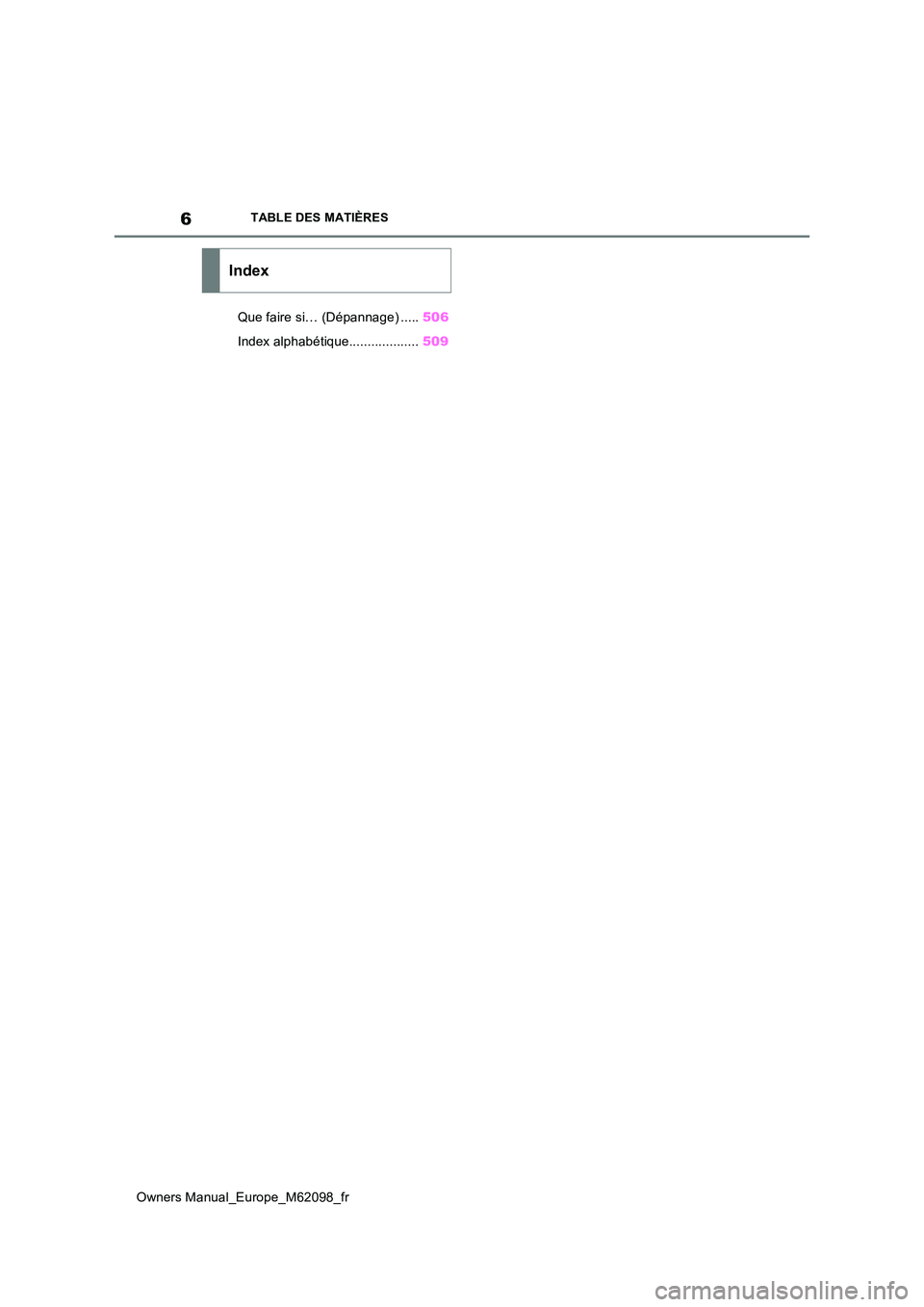 TOYOTA MIRAI 2021  Manuel du propriétaire (in French) 6
Owners Manual_Europe_M62098_fr
TABLE DES MATIÈRES
Que faire si… (Dépannage) .....506 
Index alphabétique................... 509
Index 