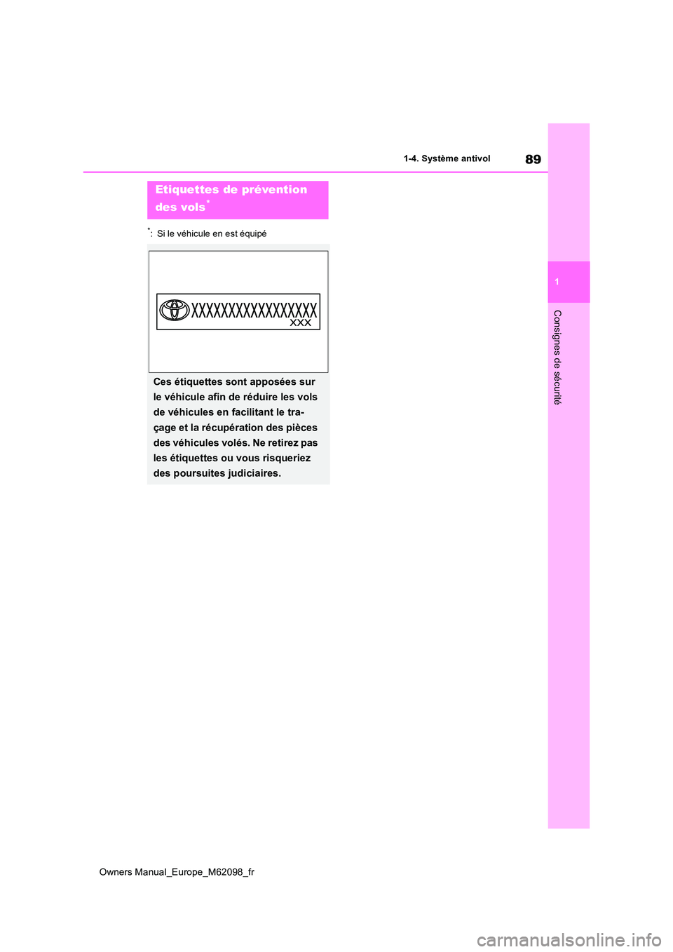 TOYOTA MIRAI 2021  Manuel du propriétaire (in French) 89
1
Owners Manual_Europe_M62098_fr
1-4. Système antivol
Consignes de sécurité
*: Si le véhicule en est équipé
Etiquettes de prévention  
des vols*
Ces étiquettes sont apposées sur  
le véhi