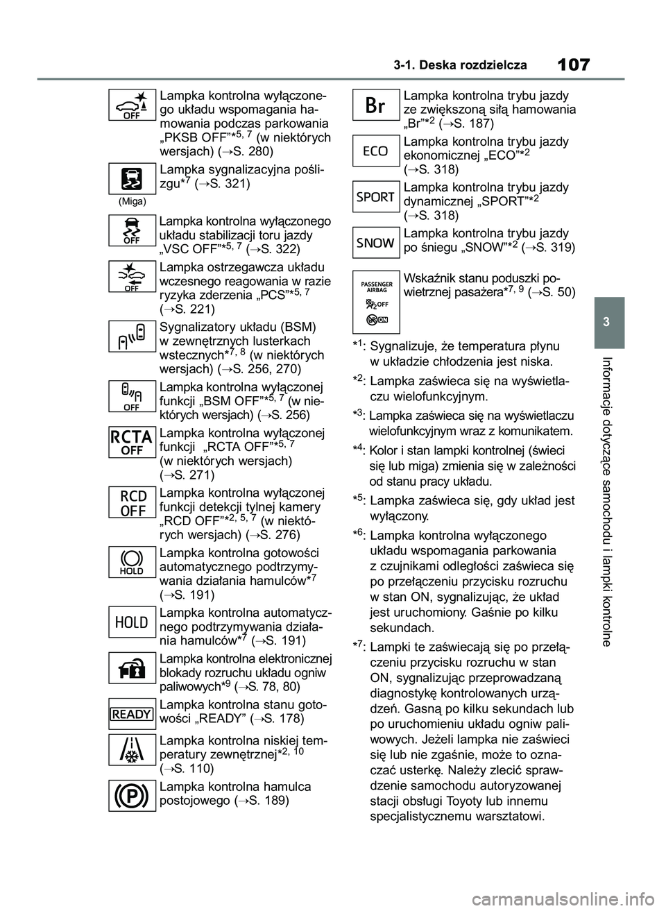 TOYOTA MIRAI 2021  Instrukcja obsługi (in Polish) Lampka kontrolna wy∏àczone-
go uk∏adu wspomagania ha-
mowania podczas parkowania
„PKSB OFF”*
5, 7(w niektórych
wersjach) (
S. 280)
Lampka sygnalizacyjna poÊli-
zgu*
7(S. 321)
Lampka kontr