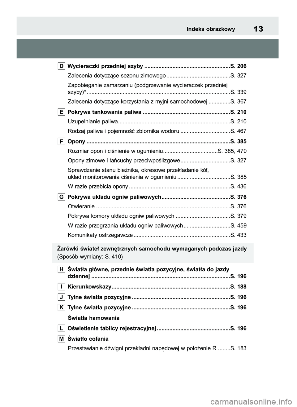 TOYOTA MIRAI 2021  Instrukcja obsługi (in Polish) Wycieraczki przedniej szyby .......................................................S. 206
Zalecenia dotyczàce sezonu zimowego .........................................S. 327
Zapobieganie zamarzaniu (