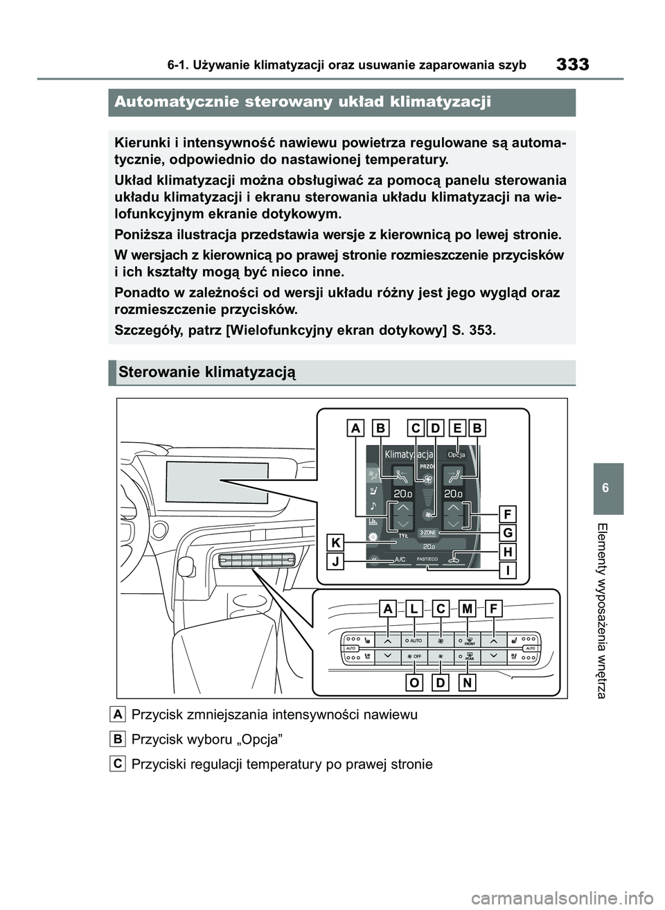 TOYOTA MIRAI 2021  Instrukcja obsługi (in Polish) Elementy wyposa˝enia wn´trza
6-1. U˝ywanie klimatyzacji oraz usuwanie zaparowania szyb333
6
Automatycznie sterowany uk∏ad klimatyzacji
Kierunki i intensywnoÊç nawiewu powietrza regulowane sà a